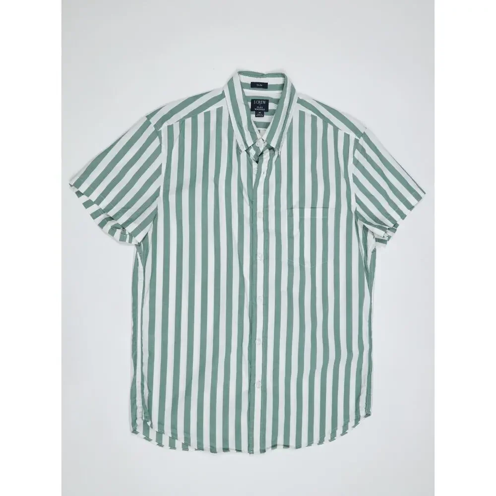 J.Crew Flex Washed Striped Shirt Green White Button Down Coastal Prep Resort M